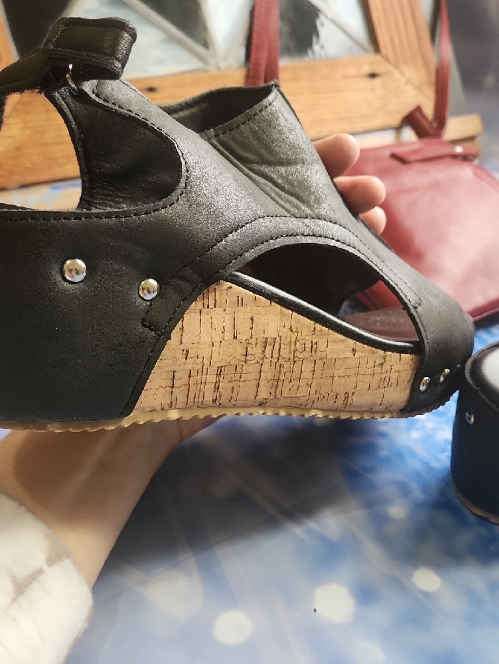 Black Open-Toe Wedge Sandals with Ankle Strap - Picture 6 of 10